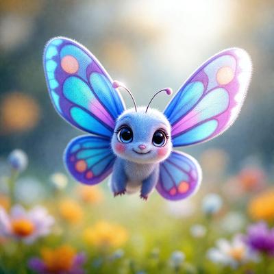 The primary subject of the image is a small, colorful butterfly with a pink nose and blue wings. It is flying in a field of flowers, creating a vibrant and lively atmosphere. The setting is a natural environment with a grassy field and a variety of flowers, providing a serene and picturesque backdrop. The visual style of the image is a combination of digital art and illustration, showcasing the butterfly's intricate details and the beauty of the surrounding flowers. The colors and m